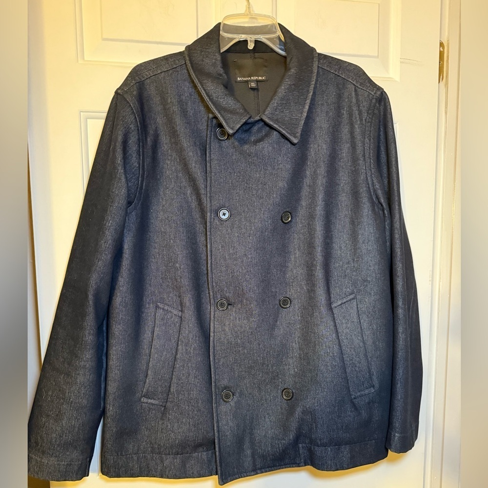Banana Republic Men’s Double Breasted Dress Pea Coat Navy Soft Denim XL Zipper